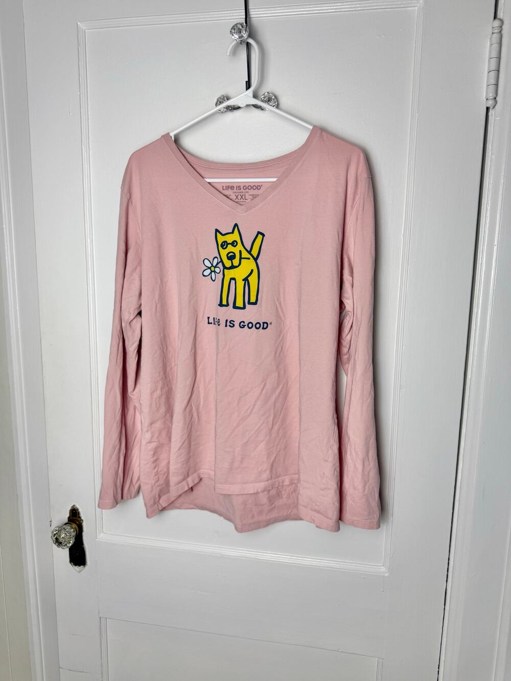 Life is Good Womens XXL Crusher Lite Dog Daisy Pink Long Sleeve V Neck Tee